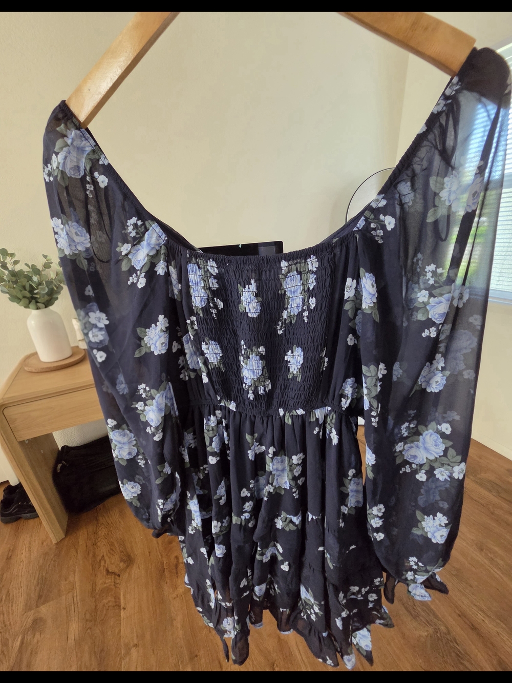 Francesca's Collections Navy B Sheer Floral V-Neck Dress with Light Blue Roses - Picture 8 of 13